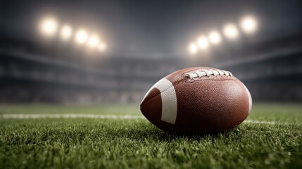 Close-up of leather football on field with illuminated stadium in background. Professional sports setting for Super Bowl, game night and American football competition