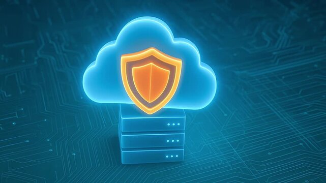 Cloud storage shield icon represents secure data protection and cybersecurity in digital technology network with glowing cloud and security shield over server stack on circuit background