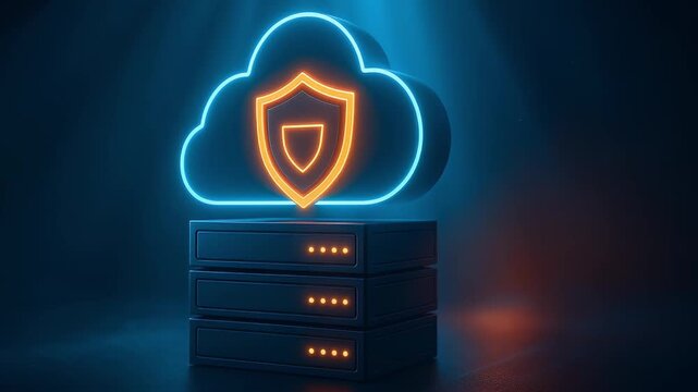 Neon cloud with shield icon above server stack represents secure cloud storage and data protection in digital technology environment featuring advanced security protection and cybersecurity technology