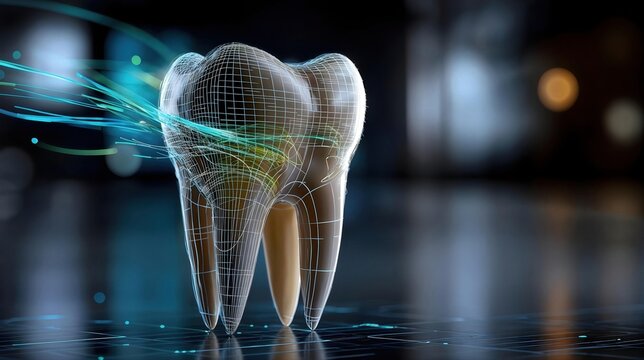 Dent virtuelle en wireframe avec effets lumineux technologiques