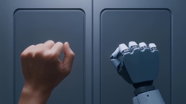 Fist of human and robot side by side symbolizing collaboration technology advancement futuristic setting with metal artificial innovation and glowing blue outlines showing hand interaction connection