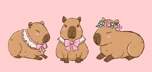 Cozy capybara with pink bow hand drawn vector, Three adorable capybaras with cute accessories posing on a light pink background