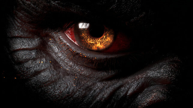 A frightening, angry, powerful, aggressive & intimidating titan giant&rsquo;s large glowing electric eye, beautiful glowing radioactive cornea
