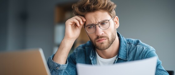Young Man Experiencing Confusion While Working on a Laptop at Home Office Space