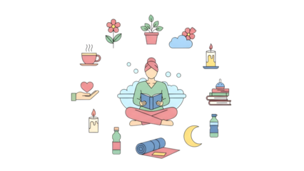 A person meditating with a book surrounded by calming elements in a simple, cartoonish art style.