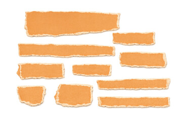 Fototapeta premium Torn paper pieces with rough edges, a collection of ripped orange note paper strips and scraps on transparent background