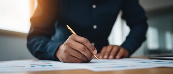 Business Professional Writing Notes on Documents with Gold Pen in Modern Office