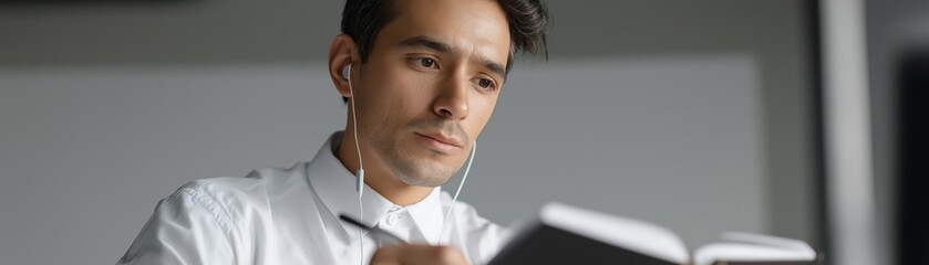 Thoughtful man writing notes in a notebook while listening to music in a modern space