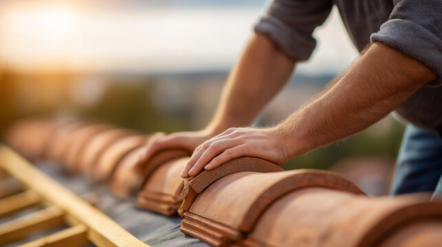 Faceless roof repair worker installing new terracotta tiles on house roof, professional roofing contractor, home improvement construction worker, defocused person, with copy space