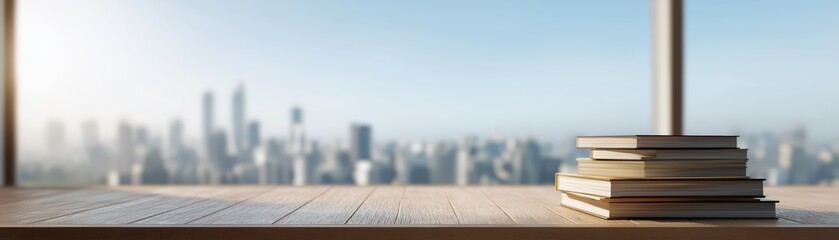 Modern Office View with Stacked Books Overlooking a Cityscape in Bright Morning Light for Education Banner