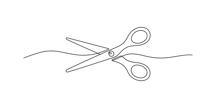 A single line drawing of scissors cutting through a wavy line on a white background Vector, illustration