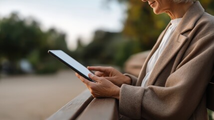 Senior Woman Using Tablet Outdoors, Close-Up View in Natural Environment of Park