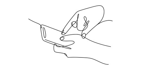 Continuous line art drawing of hands holding a smartphone and interacting with the screen Vector, illustration
