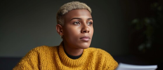 Thoughtful black woman reflecting in cozy environment, focused on future possibilities
