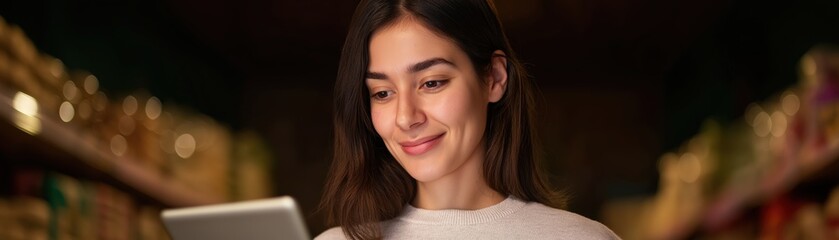 Woman Using Tablet in Grocery Store Aisle for Online Shopping and Product Research
