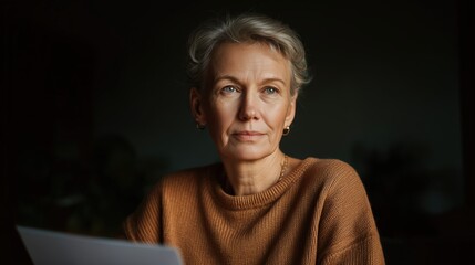 Thoughtful woman in cozy sweater looking at paper in soft indoor lighting