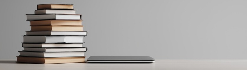 Stack of Books Next to Laptop on a Clean Desk with Gray Background for Education Banner