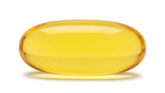 A single yellow-colored fish oil soft gel pill isolated on transparent background. AI generated.
