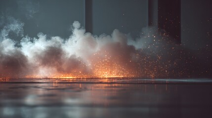 Fototapeta premium Cinematic Fire Sparks and Smoke Bursting on Dark Ground Surface