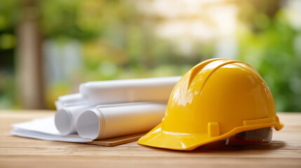 Construction site blueprints and hard hats, safety equipment with plans, building project documentation, contractor workspace essentials, PPE and planning materials, with copy spac