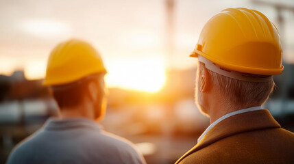 Faceless two workers in hard hats inspecting construction site during sunset, site evaluation at dusk, golden hour construction inspection, defocused personnel, with copy space