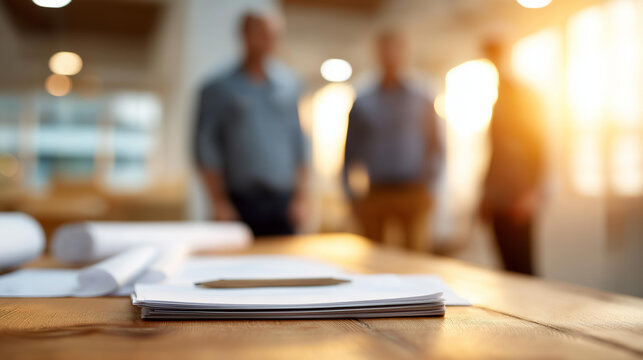 Faceless business meeting between professionals in office space, construction plans on table, warm lighting collaborative environment, project discussion setting, defocused people, - Powered by Adobe