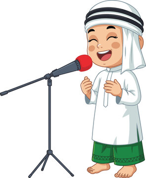 Cute cartoon Muslim boy in traditional white thobe and ghutra singing into microphone for Islamic event