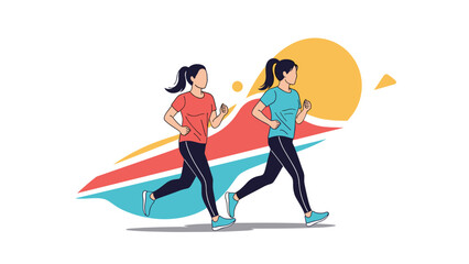 Obraz premium Two active women jogging together for exercise against a vibrant and abstract background during their morning run to stay fit and healthy.