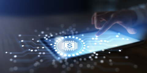 Financial Technology and Digital Payments Illustrated with AI Chip Symbol.