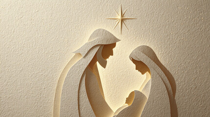 Peaceful Holy Family silhouette art in ivory & gold tones, soft flat shapes w/ warm glow from a star above, minimal design, soft light paper texture background, sacred modern wall art style © Cash Cow Concepts