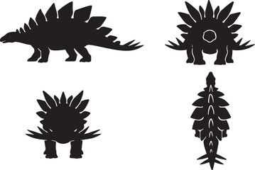 Stegosaurus Dinosaur Black Silhouette Vector Set: Paleozoic Prehistoric Reptile Collection with Four Different Views (Side, Front, Rear, Top) Ideal for Educational Material and Jurassic Park Themes. © mdsohrab