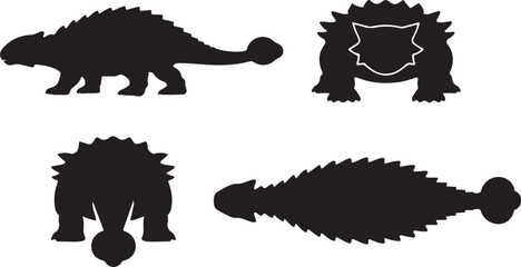 Dynamic Ankylosaurus Dinosaur Silhouette Vector Collection: Four Essential Views (Side, Top, Front) of the Armored Prehistoric Reptile for Design, Education, and Kids' Projects © mdsohrab