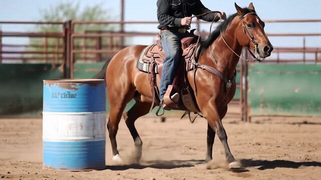Brown Quarter Horse with cowboy in western shirt pivots around a blue barrel in a dusty rodeo arena. Low-angle steadicam video, bright sun, golden dust clouds. Concept of high-octane rodeo action