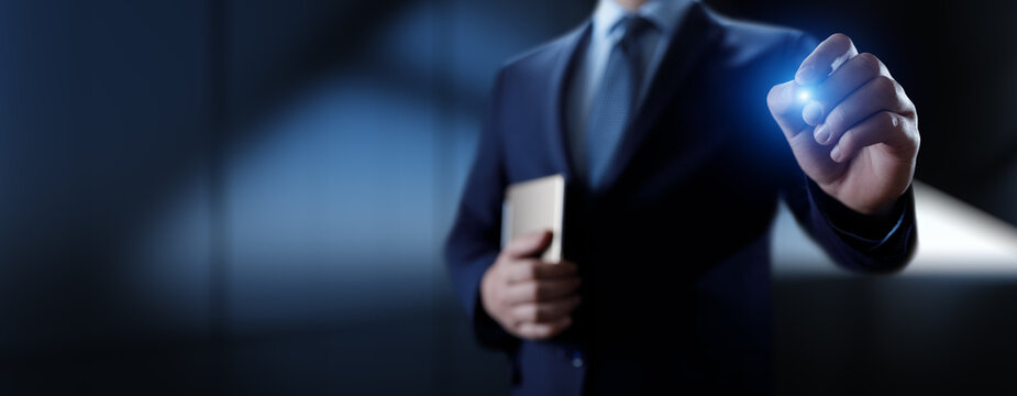 Businessman pressing button on virtual screen, Innovation and Digital Touch Interaction on Futuristic Technology Interface. - Powered by Adobe