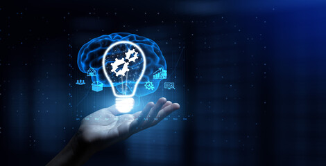 Integration Unifying Systems and Processes for Enhanced Efficiency with Human Hand Holding Lamp Hologram.