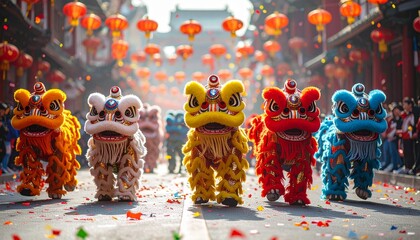 Chinese Street Parade with Colorful Lion Dancers