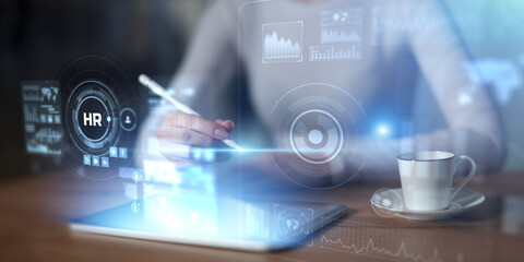 HR Analytics Interface on Virtual Screen as Wide Business and Technology Banner.