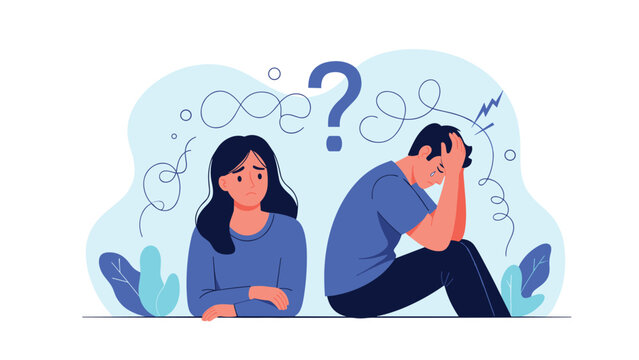Sad couple sitting back to back with a large question mark between them to represent a lack of communication or relationship problems.