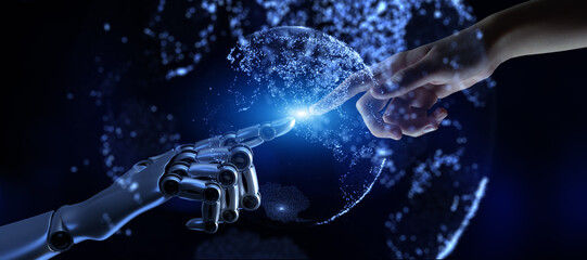 Human and Robotic Hand Connection Symbolizing Digital Transformation and AI Collaboration 3d render.