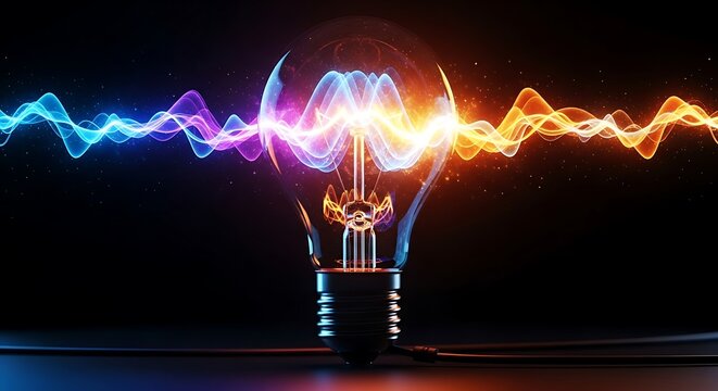 A glowing lightbulb with vibrant energy waves and a whisk symbol inside emitting colorful light waves