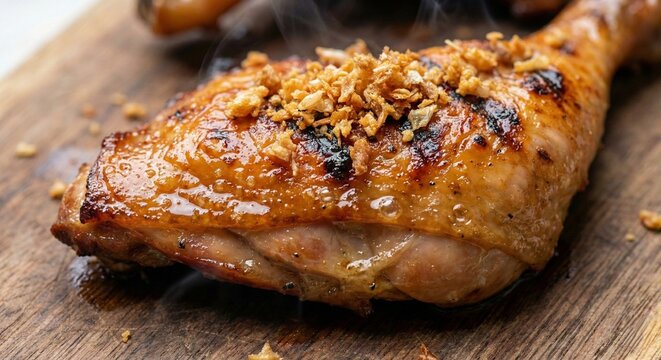 Thai grilled chicken Gai Yang with crispy golden skin and char marks close up