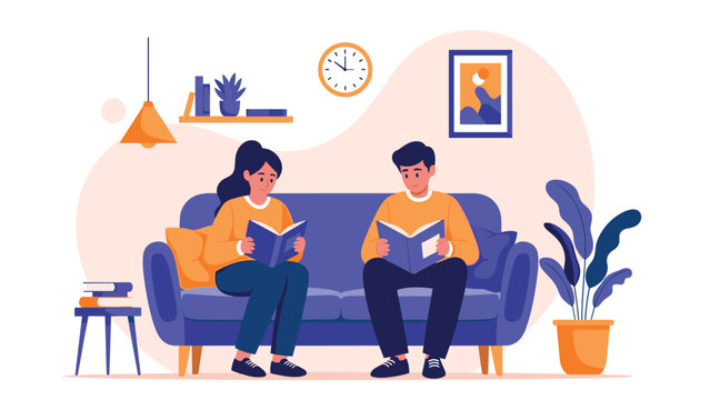 Couple sitting together on a blue couch while peacefully reading books in a well-lit living room with plants and a wall clock.