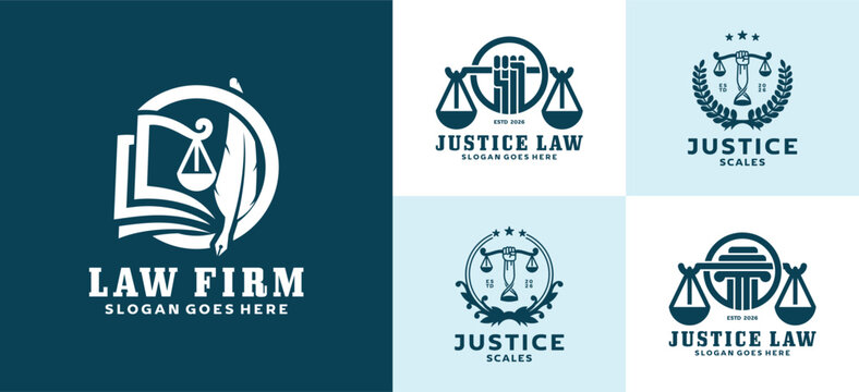 Professional law firm logo set featuring justice scales, classical pillar, book, and legal symbols. Suitable for attorney branding, legal services, corporate identity, and law office design.
