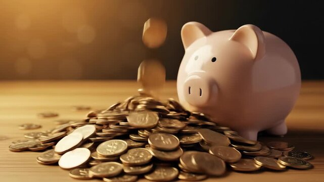 Coins falling into a piggy bank. Financial investment and saving, retirement fund, business money deposit.