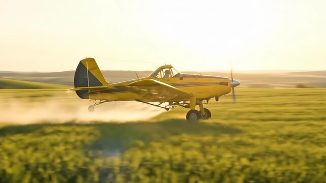 Yellow crop duster plane flying low and spraying agricultural field with chemicals. Farm aircraft spreading fertilizer over farm