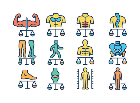 Musculoskeletal Balance Icons. Musculoskeletal balance. Colorful isometric vector icons set of musculoskeletal balance: muscle pair symmetry, shoulder girdle