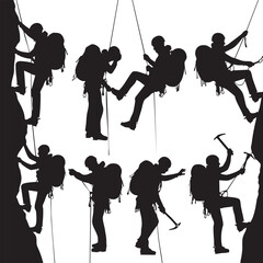Obraz premium Silhouettes of climbers scaling a rock face with ropes and gear rock climbing
