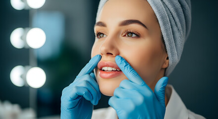 Woman Touching Face with Gloved Hands.