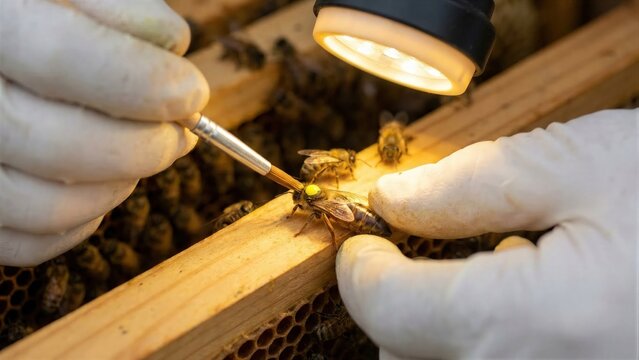 Beekeeper woman marking queen bee with a yellow dot for tracking and identification. Modern beekeeping practice for hive management