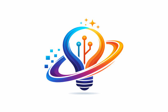 A colorful lightbulb logo with a swirling rainbow design and sparks on a white background with a creative and innovative mood.